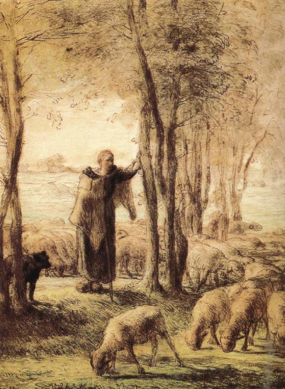 Jean Francois Millet Shepherdess with dog and sheep